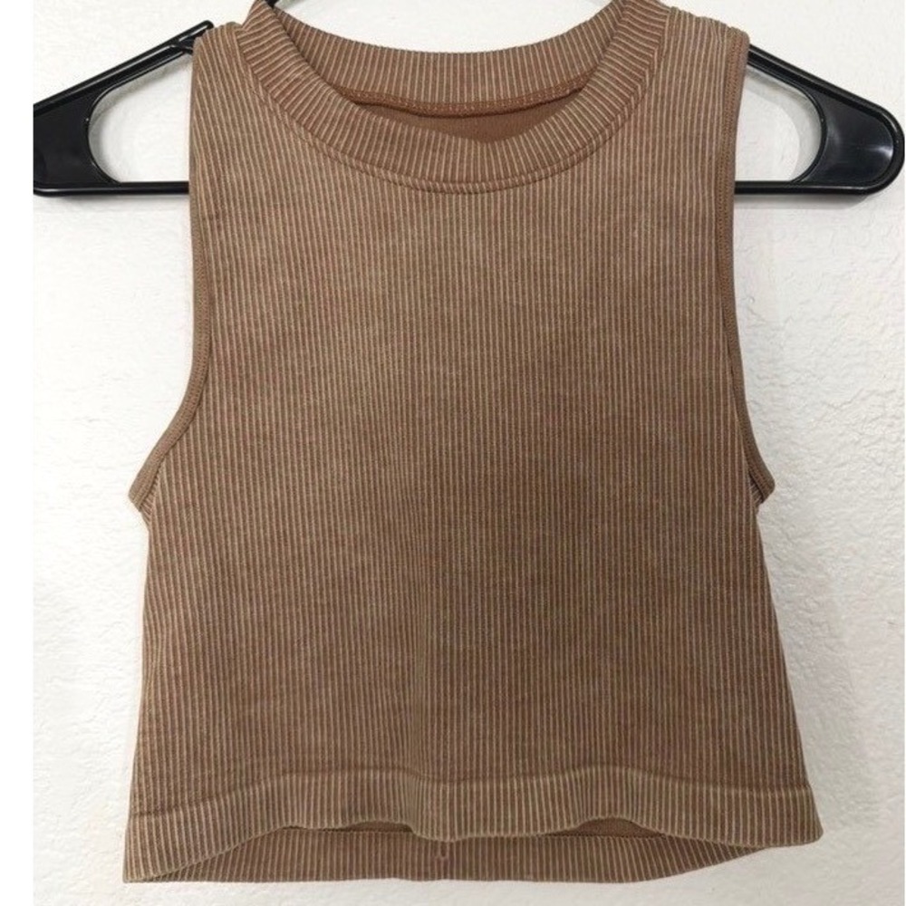 OQQ Womens Ribbed Seamless Crop Tank Top Brown Acid Wash Athletic Yoga
